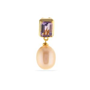 Naturally Papaya Freshwater Cultured Pearl Pendant with Ametista Amethyst in Gold Tone Sterling Silver (8 to 10mm)