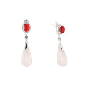 Rose Quartz, White Zircon & Red Agate Sterling Silver Earrings ATGW 26.59cts