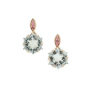 Wobito Snowflake Cut Prasiolite & Pink Tourmaline 9K Gold Earrings ATGW 8.25cts