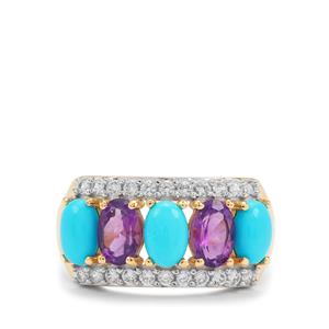 Sleeping Beauty Turquoise, Bahia Amethyst & White Zircon 9K Gold Ring ATGW 2.75cts