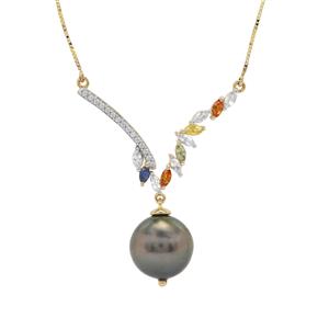 Tahitian Cultured Pearl, Multi Sapphire & White Zircon 9K Gold Necklace (13mm)