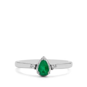 Zambian Emerald & White Zircon Platinum Plated Sterling Silver Ring ATGW 0.40ct