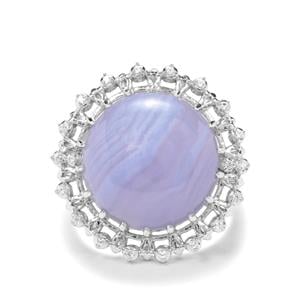 Blue Lace Agate & White Zircon Sterling Silver Ring ATGW 14.78cts