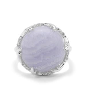 Blue Lace Agate & White Zircon Sterling Silver Ring ATGW 12.39cts