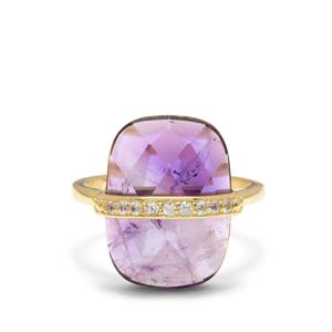 Amethyst & White Zircon Gold Tone Sterling Silver Ring ATGW 10.89cts
