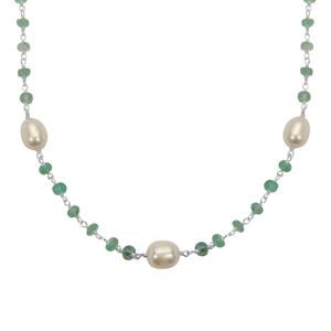 Freshwater Cultured Pearl & Zambian Emerald Sterling Silver Necklace (10 to 12 MM)