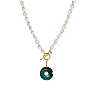 Kaori Freshwater Cultured Pearl & Malachite Gold Tone Sterling Silver Necklace 