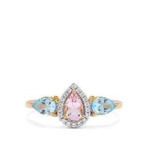 Santa Maria Aquamarine, Idar Pink Morganite & White Zircon 9K Gold Ring ATGW 1cts