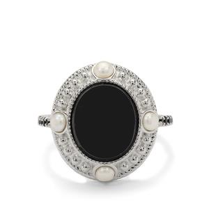 Black Spinel & Freshwater Cultured Pearl Sterling Silver Ring (3mm)