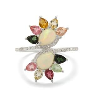 Ethiopian Opal, Multi-Colour Tourmaline & White Zircon Sterling Silver Ring ATGW 3ct