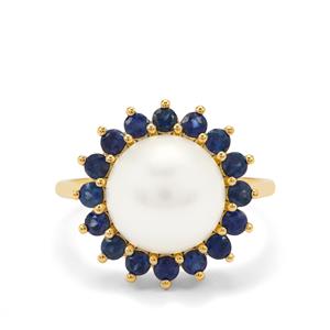 South Sea Cultured Pearl & Ceylon Blue Sapphire 9K Gold Ring (10mm)