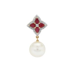 South Sea Cultured Pearl, Malagasy Ruby & White Zircon 9K Gold Pendant (11mm)