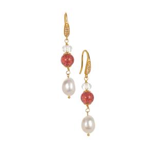 Kaori Freshwater Cultured Pearl, Strawberry Quartz, White Zircon & Optic Quartz Gold Tone Sterling Silver Earrings 