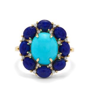 Sleeping Beauty Turquoise, Sar-i-Sang Lapis Lazuli & White Zircon 9K Gold Ring ATGW 6.90cts