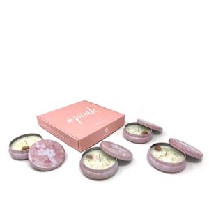 Gem Auras Set of 4 #Pink -  Floral Scented Tinned Candles with Rose Quartz & White Jade 120cts