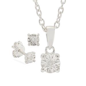 Diamond Sterling Silver Set of Earrings and Pendant Necklace 