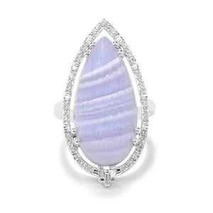 Blue Lace Agate & White Zircon Sterling Silver Ring ATGW 14.83cts