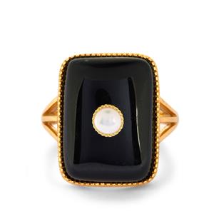 Black Agate & Freshwater Cultured Pearl Gold Tone Sterling Silver Ring (3mm)