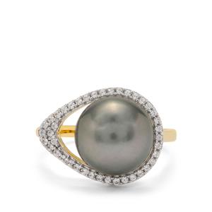 Tahitian Cultured Pearl & White Zircon 9K Gold Ring  (11 MM)