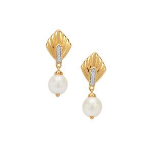 South Sea Cultured Pearl Earrings with White Zircon in Gold Plated Sterling Silver (8mm)