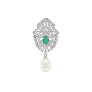 Sakota Emerald, Kaori Cultured Pearl & White Zircon Sterling Silver Pendant