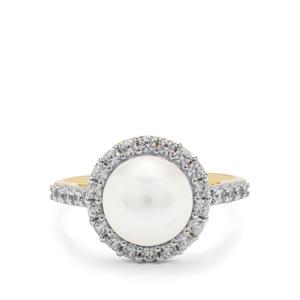 South Sea Cultured Pearl & White Zircon 9K Gold Ring (9MM)