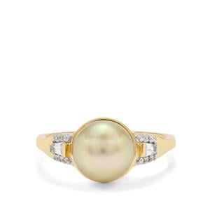 Golden South Sea Cultured Pearl & White Zircon 9K Gold Ring  (8mm)