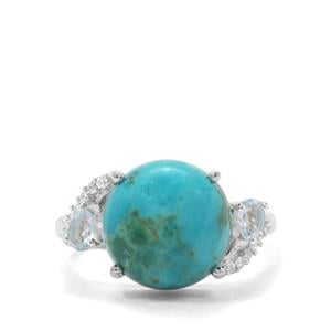 Cochise Turquoise, Blue Topaz & White Zircon Sterling Silver Ring ATGW 5.90cts