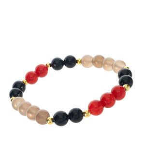 76cts Black, Red and Grey Agate Gold Tone Sterling Silver Stretchable Bracelet 