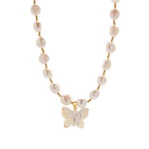 Baroque Cultured Pearl and Shell Gold Tone Sterling Silver Butterfly Necklace 