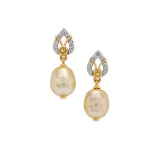 Golden South Sea Cultured Pearl, Rio Golden Citrine & White Zircon 9K Gold Earrings (8mm)