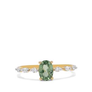 Green Sapphire & White Zircon 9K Gold Ring ATGW 1.20cts