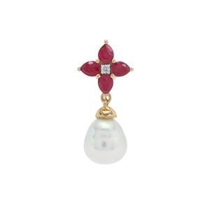 South Sea Cultured Pearl, Malagasy Ruby & White Zircon 9K Gold Pendant (9mm)