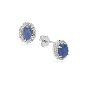 Burmese Blue Sapphire & White Zircon Sterling Silver Earrings ATGW 1.45cts