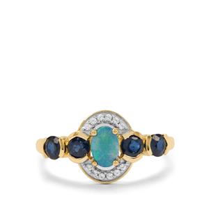 Crystal Opal on Ironstone, Australian Blue Sapphire & White Zircon 9K Gold Ring