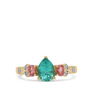 Botli Green Apatite, Pink Tourmaline & White Zircon 9K Gold Ring ATGW 1.55cts