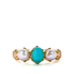 Turquoise & Kaori Cultured Pearl Gold Tone Sterling Silver Ring 
