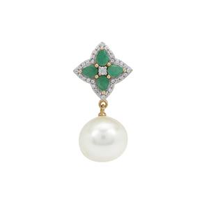 South Sea Cultured Pearl, Zambian Emerald & White Zircon 9K Gold Pendant (12mm)