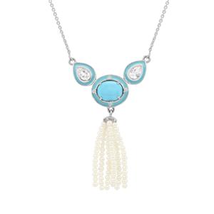 Sleeping Beauty Turquoise, South Sea Cultured Pearl & White Zircon Sterling Silver Necklace