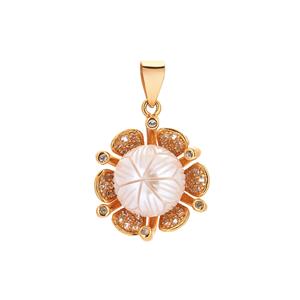  Freshwater Cultured Carved Pearl & White Zircon Gold Tone Sterling Silver Pendant (10mm)