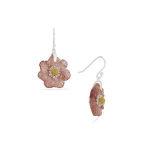 Strawberry Quartz Carved Flowers with Opal & White Topaz Sterling Silver Earrings 20.45cts