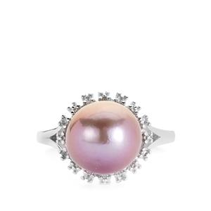 Naturally Lavender Cultured Pearl & White Topaz Rhodium Flash Sterling Silver Ring (10mm)