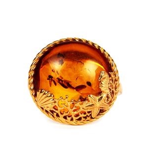 Baltic Cognac Amber Gold Tone Sterling Silver Oceanic Ring (15mm)