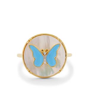 Mother of Pearl, Swiss Blue Topaz & White Zircon Midas Ring With Enamel (15 MM)