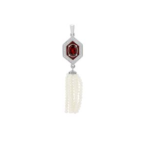 Red Garnet, South Sea Cultured Pearl & White Zircon Sterling Silver Pendant