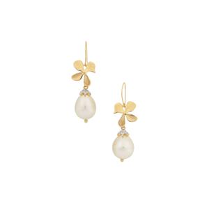 South Sea Cultured Pearl & White Zircon 9K Gold Earrings ATGW (11MM)