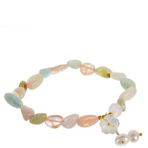 Multi-Colour Morganite, Freshwater Cultured Pearl & Shell Gold Tone Sterling Silver Stretchable Bracelet 