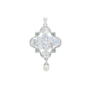 Rainbow Moonstone, Zambian Emerald Pendant with Kaori Cultured Pearl in Sterling Silver 