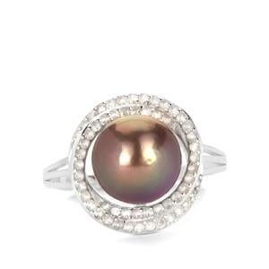 Naturally Coloured Purple Cultured Pearl & White Topaz Sterling Silver Ring (9mm)