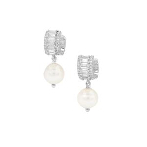 South Sea Cultured Pearl & White Zircon Sterling Silver Earrings (8mm)
